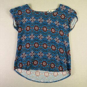 Pink‎ Republic Teal Floral Tile Print Short Sleeve Scoop Neck Top Womens Medium